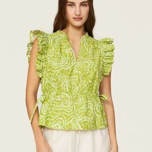 Marie Oliver Olive Top Women's S green Floral Ruffle Sleeve‎ Tie Waist Blouse